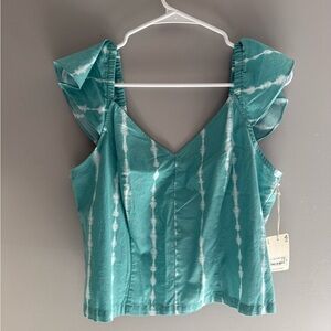 a.n.a Womans Teal Tie Dye Stripe Crop Top Sz LG 100% Cotton Smocked New Boho